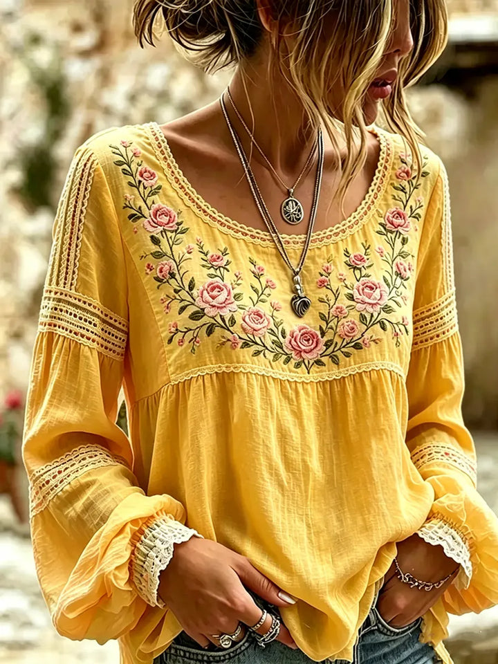 Mireille™ | Linen Blouse with Rose Embroidery & Lace Details