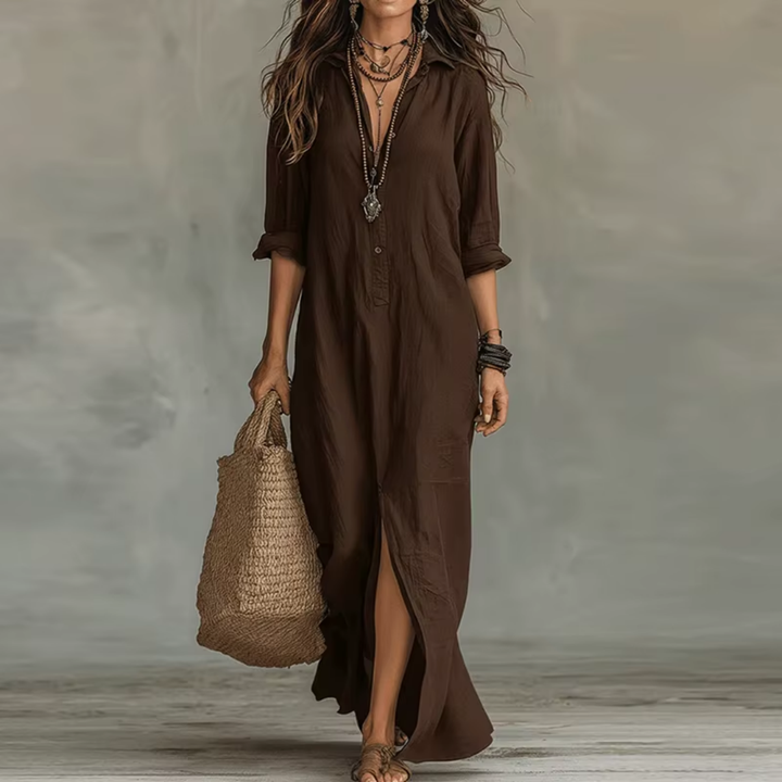 Black Button-Front Bohemian Shirt Maxi Dress