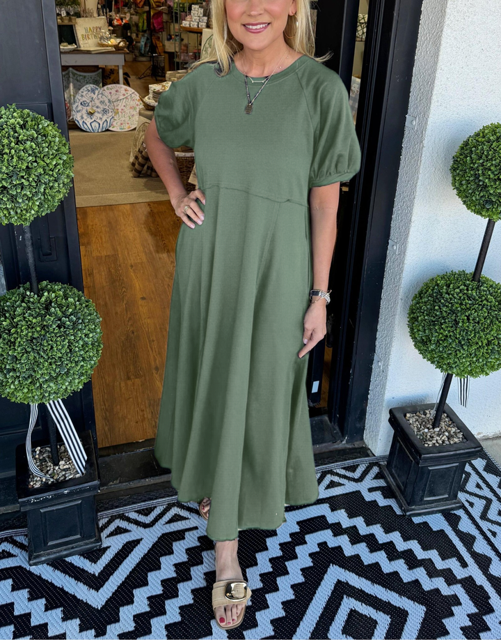 Elis | Women's Solid Color Puff Sleeve Round Neck Long Dress