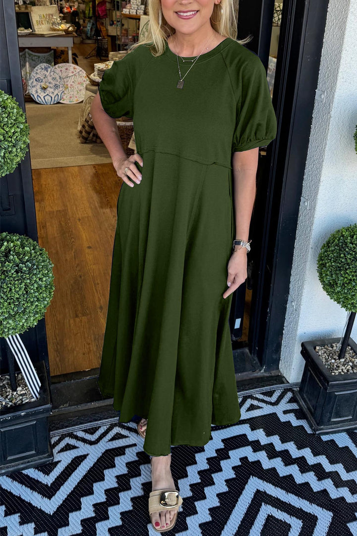 Elis | Women's Solid Color Puff Sleeve Round Neck Long Dress