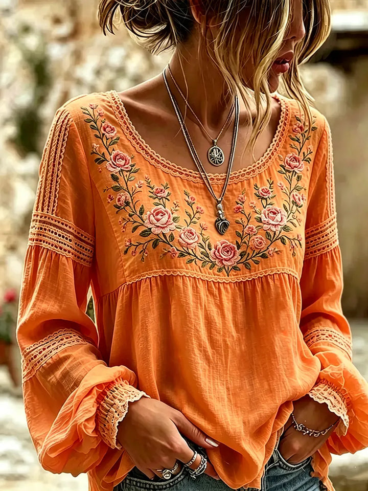 Mireille™ | Linen Blouse with Rose Embroidery & Lace Details