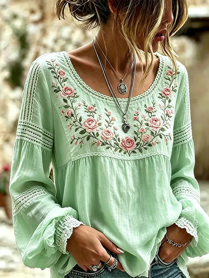 Mireille™ | Linen Blouse with Rose Embroidery & Lace Details