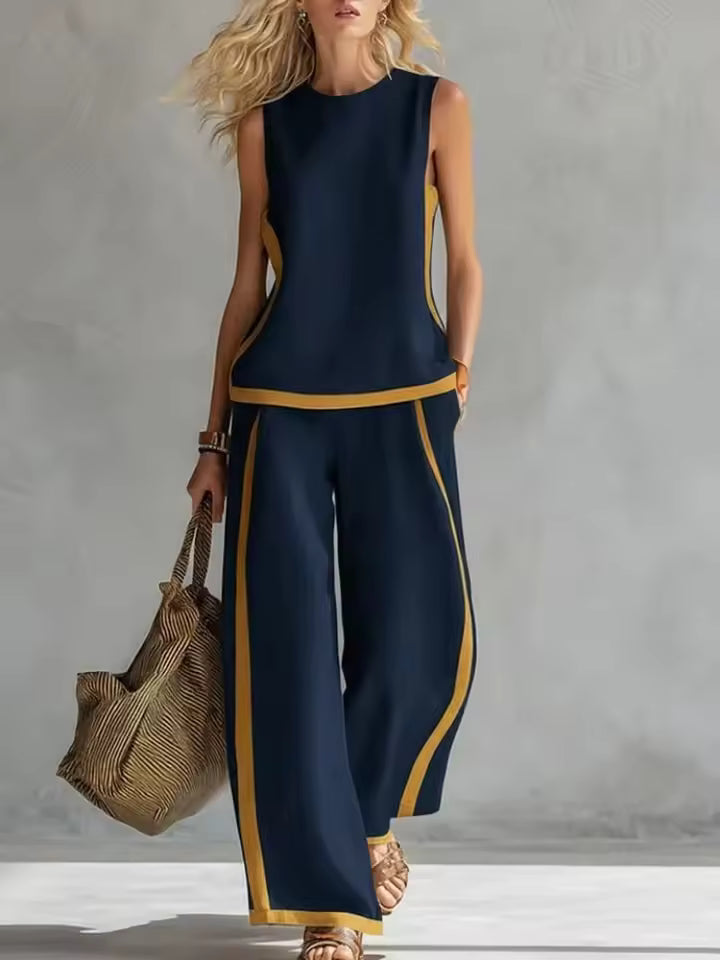 ELEGANT SLEEVELESS BLOUSE AND WIDE-LEG PANTS SET