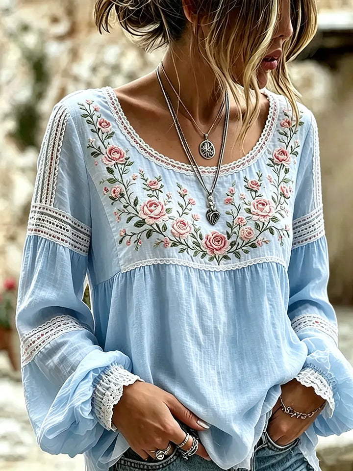 Mireille™ | Linen Blouse with Rose Embroidery & Lace Details
