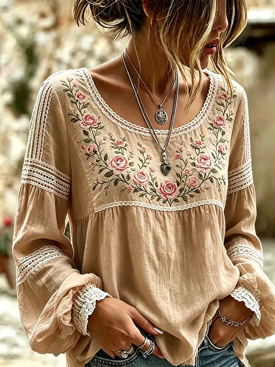 Mireille™ | Linen Blouse with Rose Embroidery & Lace Details