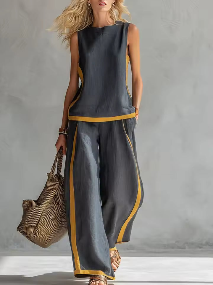 ELEGANT SLEEVELESS BLOUSE AND WIDE-LEG PANTS SET