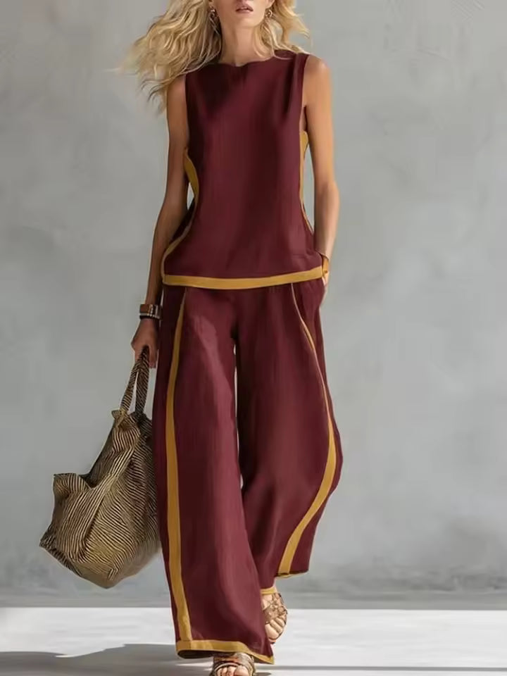 ELEGANT SLEEVELESS BLOUSE AND WIDE-LEG PANTS SET